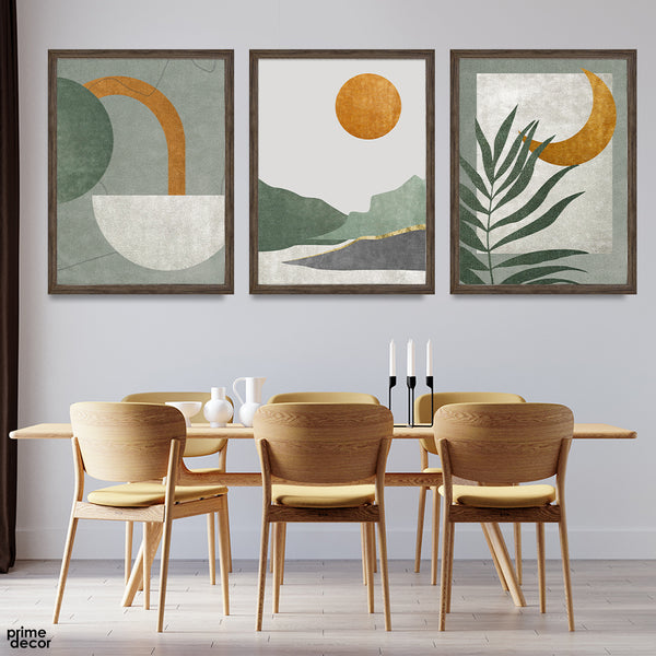 Abstract Gold Moon Over Green & White Mountain Artwork (3 Panel) Fashion Wall Art