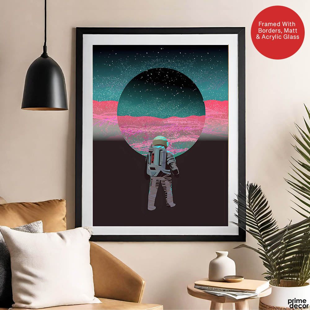 Astronaut In Front Of Moon With Neon Pink & Green Background | Abstract Space Artwork #00163 - Prime Décor