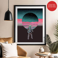 Astronaut In Front Of Moon With Neon Pink & Green Background | Abstract Space Artwork #00163 - Prime Décor