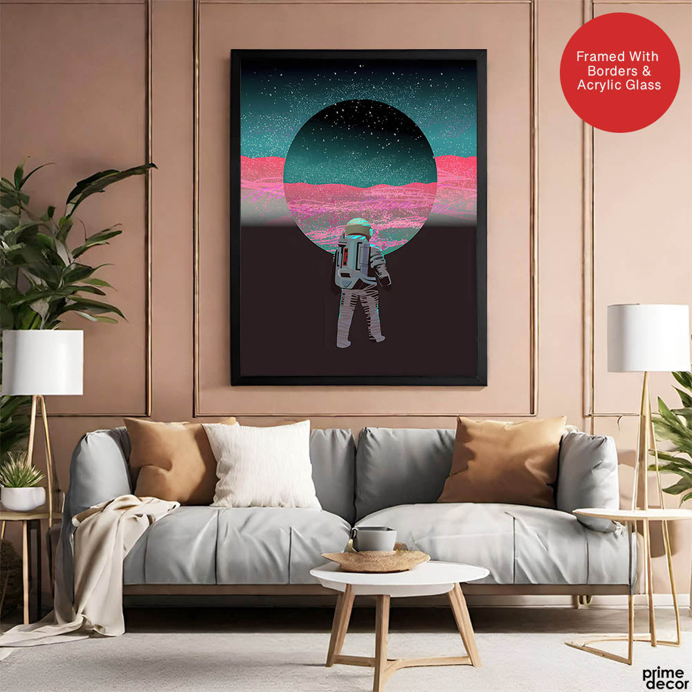 Astronaut In Front Of Moon With Neon Pink & Green Background | Abstract Space Artwork #00163 - Prime Décor