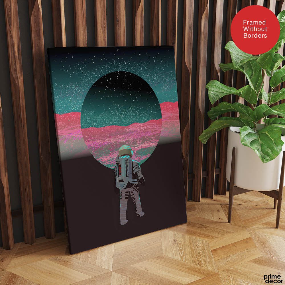 Astronaut In Front Of Moon With Neon Pink & Green Background | Abstract Space Artwork #00163 - Prime Décor