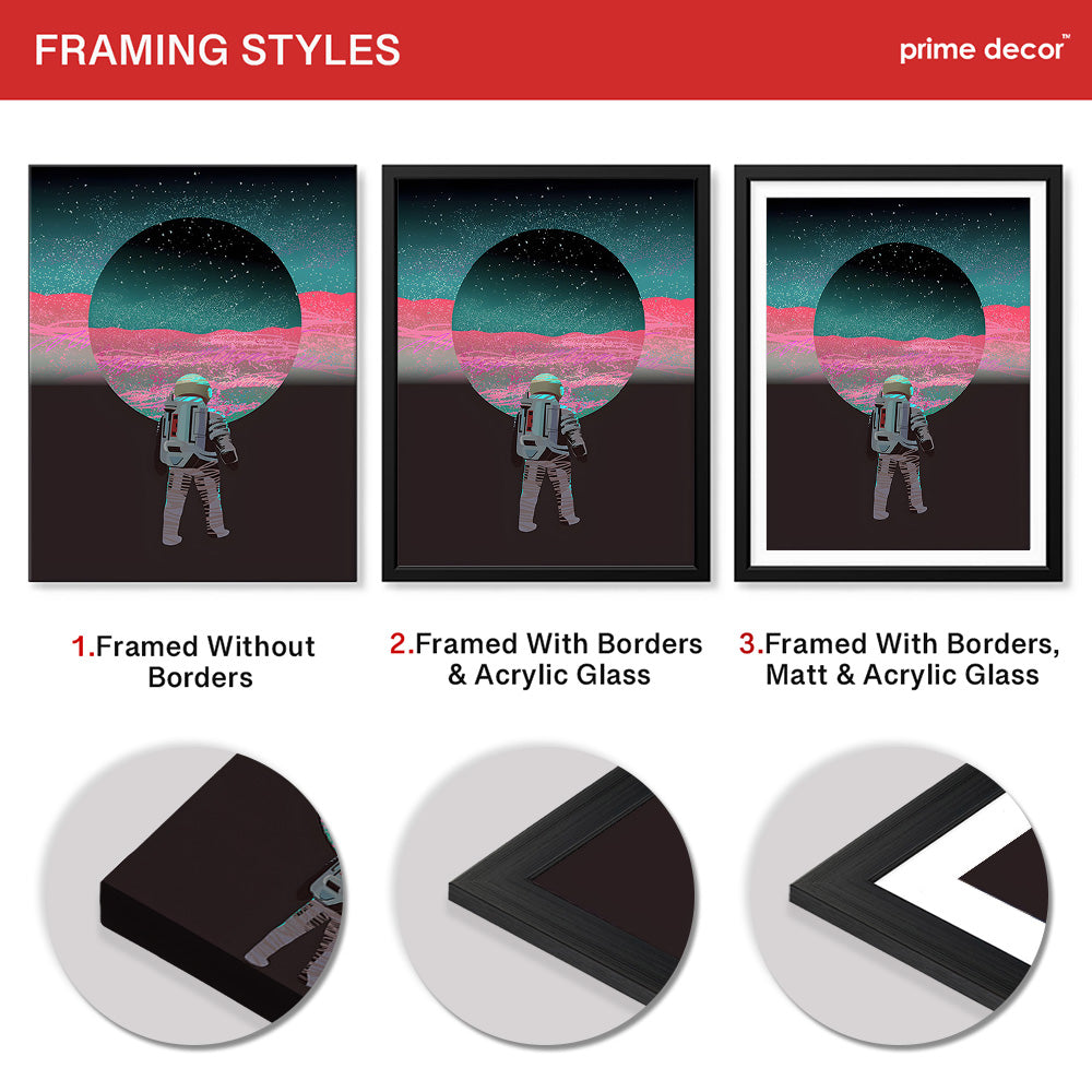 Astronaut In Front Of Moon With Neon Pink & Green Background | Abstract Space Artwork #00163 - Prime Décor