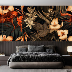 Congo Brown & Tan Exotic Tropical Leaves And Flowers | Floral Wallpaper Mural - Prime Décor