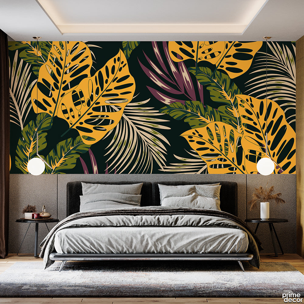 Old Mauve & Yellow Green Tropical Exotic Leaves | Floral Wallpaper Mural - Prime Décor