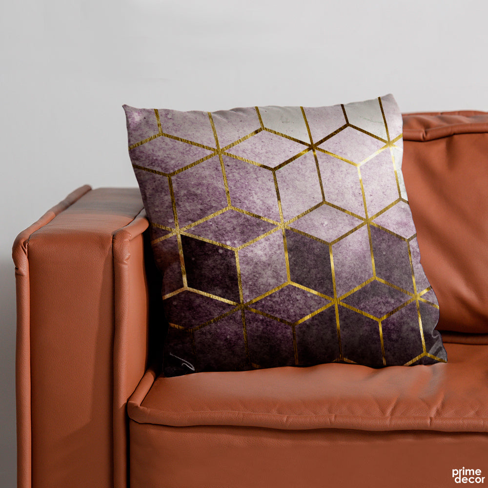 Geometric Purple Cubes with Gold Lining | Abstract Cushion #164 - Prime Décor