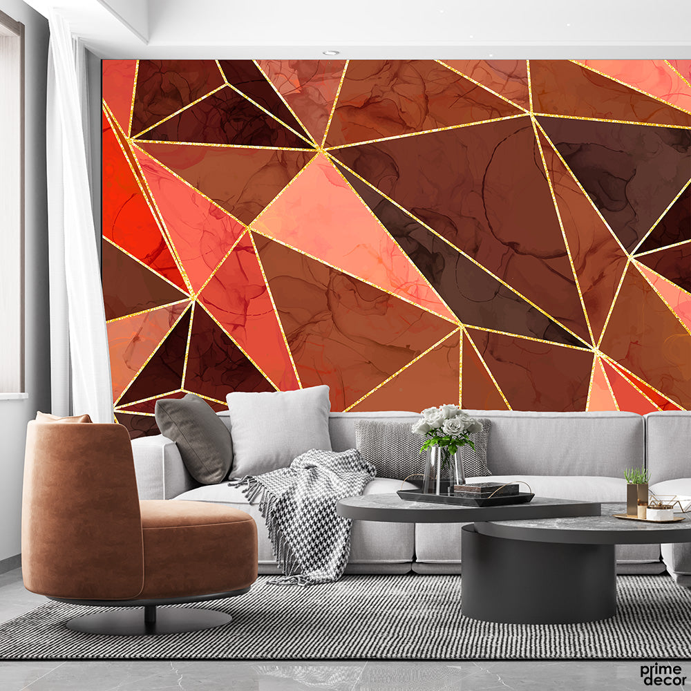 Corel Pink & Walnut Brown Geometric 3D Triangles | Abstract Wallpaper Mural - Prime Décor