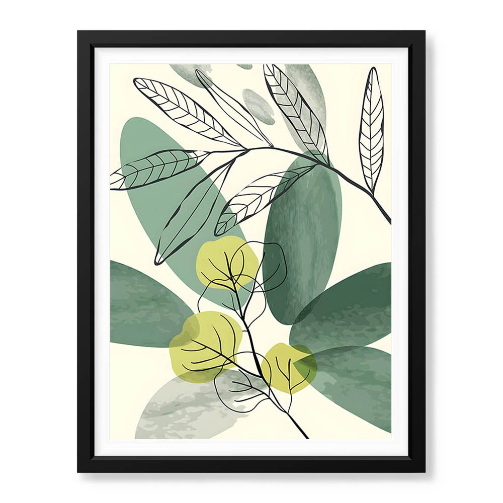 Green & Black Tropical Leaves Art Over White Background | Abstract Floral Artwork #00166 - Prime Décor