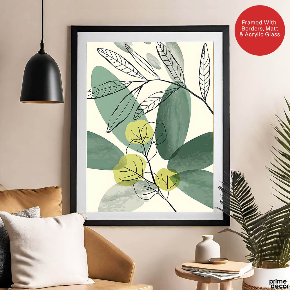 Green & Black Tropical Leaves Art Over White Background | Abstract Floral Artwork #00166 - Prime Décor