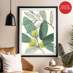 Green & Black Tropical Leaves Art Over White Background | Abstract Floral Artwork #00166 - Prime Décor