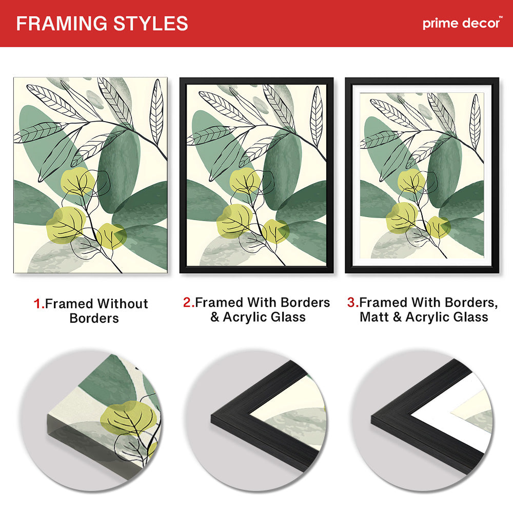 Green & Black Tropical Leaves Art Over White Background | Abstract Floral Artwork #00166 - Prime Décor