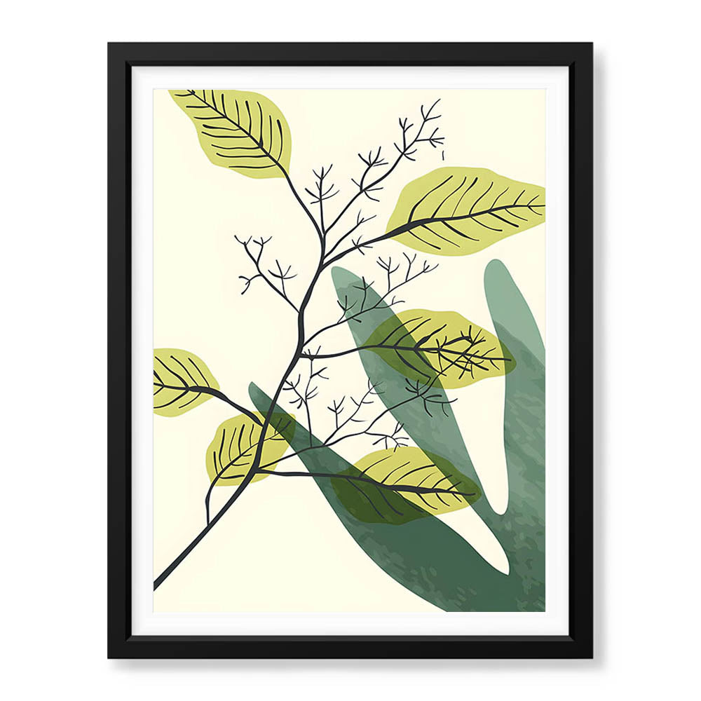 Green & Black Tropical Leaves Art Over White Background | Abstract Floral Artwork #00167 - Prime Décor