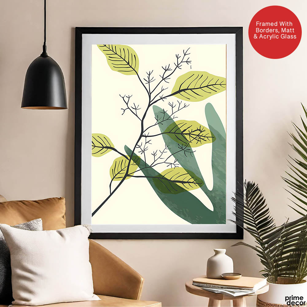 Green & Black Tropical Leaves Art Over White Background | Abstract Floral Artwork #00167 - Prime Décor