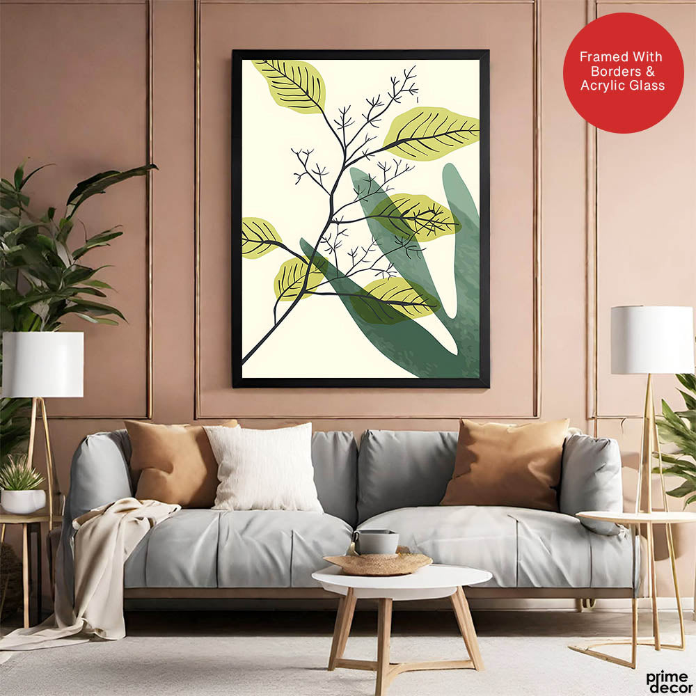 Green & Black Tropical Leaves Art Over White Background | Abstract Floral Artwork #00167 - Prime Décor