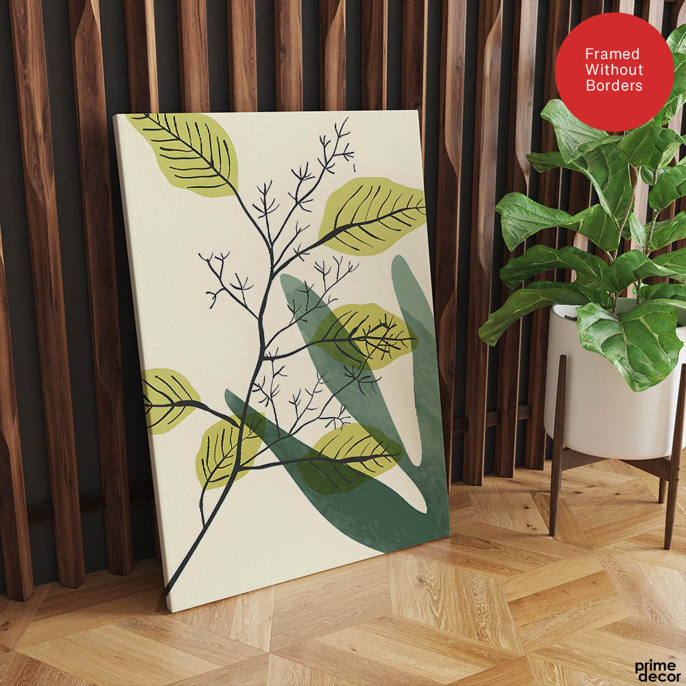Green & Black Tropical Leaves Art Over White Background | Abstract Floral Artwork #00167 - Prime Décor