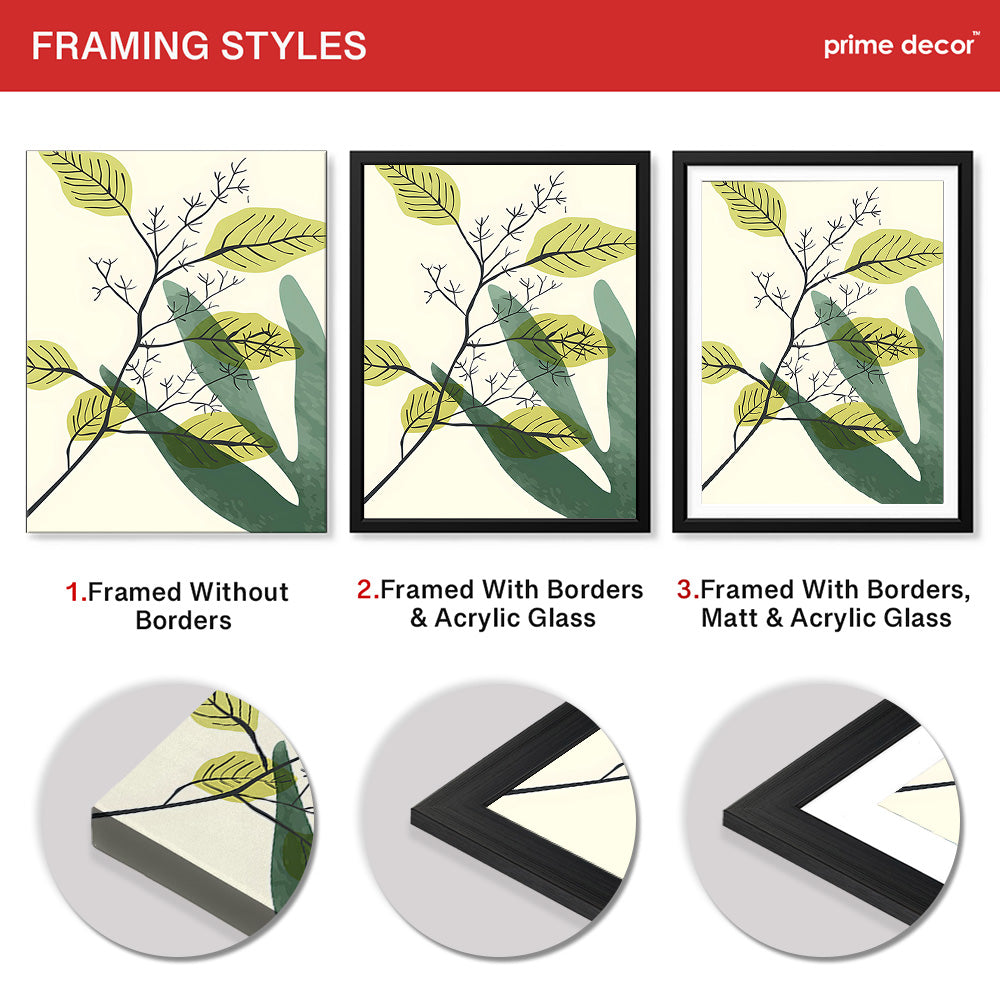 Green & Black Tropical Leaves Art Over White Background | Abstract Floral Artwork #00167 - Prime Décor