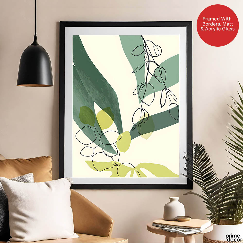 Green & Black Tropical Leaves Art Over White Background | Abstract Floral Artwork #00168 - Prime Décor