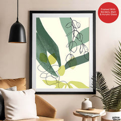 Green & Black Tropical Leaves Art Over White Background | Abstract Floral Artwork #00168 - Prime Décor