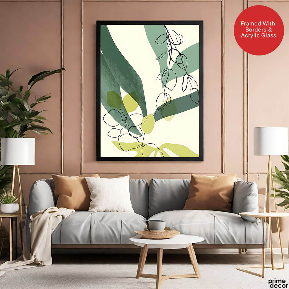 Green & Black Tropical Leaves Art Over White Background | Abstract Floral Artwork #00168 - Prime Décor