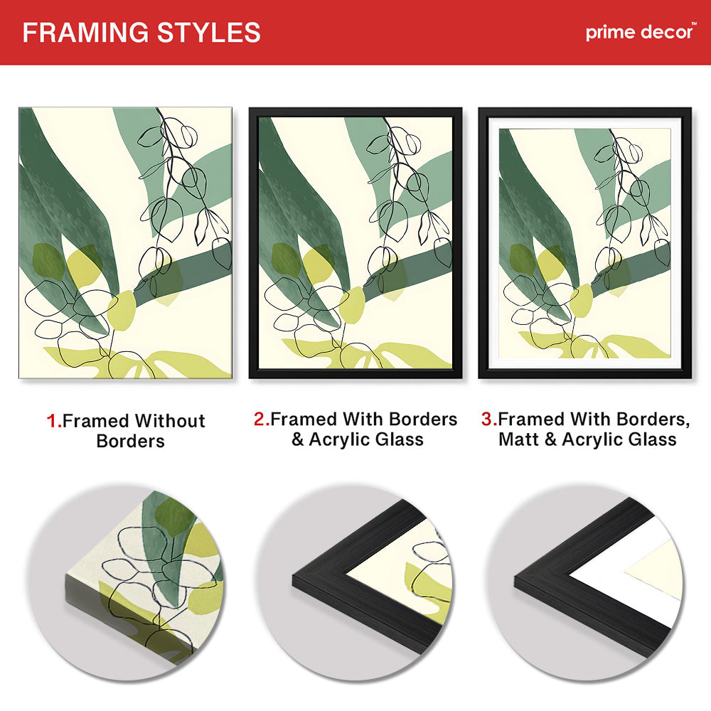 Green & Black Tropical Leaves Art Over White Background | Abstract Floral Artwork #00168 - Prime Décor
