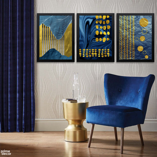 Beautiful Blue & Gold Abstract Design (3 Panel) Abstract Wall Art - Prime Décor