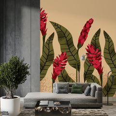 Abstract Red Flowers With Green Exotic Leaves | Floral Wallpaper Mural