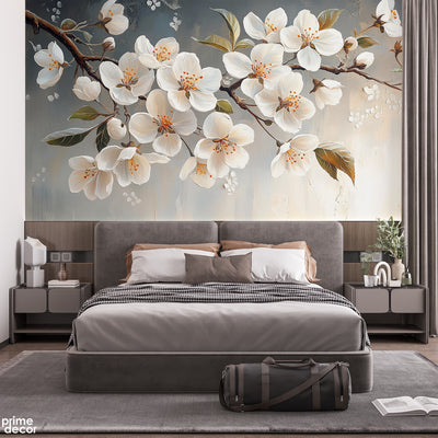 Beautiful Tranquil Beige Apple Blossom Flowers Artwork | Floral Wallpaper Mural
