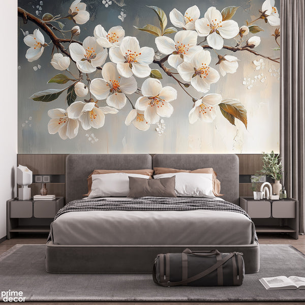 Beautiful Tranquil Beige Apple Blossom Flowers Artwork | Floral Wallpaper Mural
