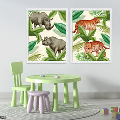Tiger & Rhino Abstract Artwork With Leaves (2 Panel) Animal Wall Art