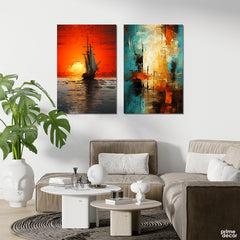 Jade & Red Abstract Boat Painting Style (2 Panel) Abstract Wall Art - Prime Décor