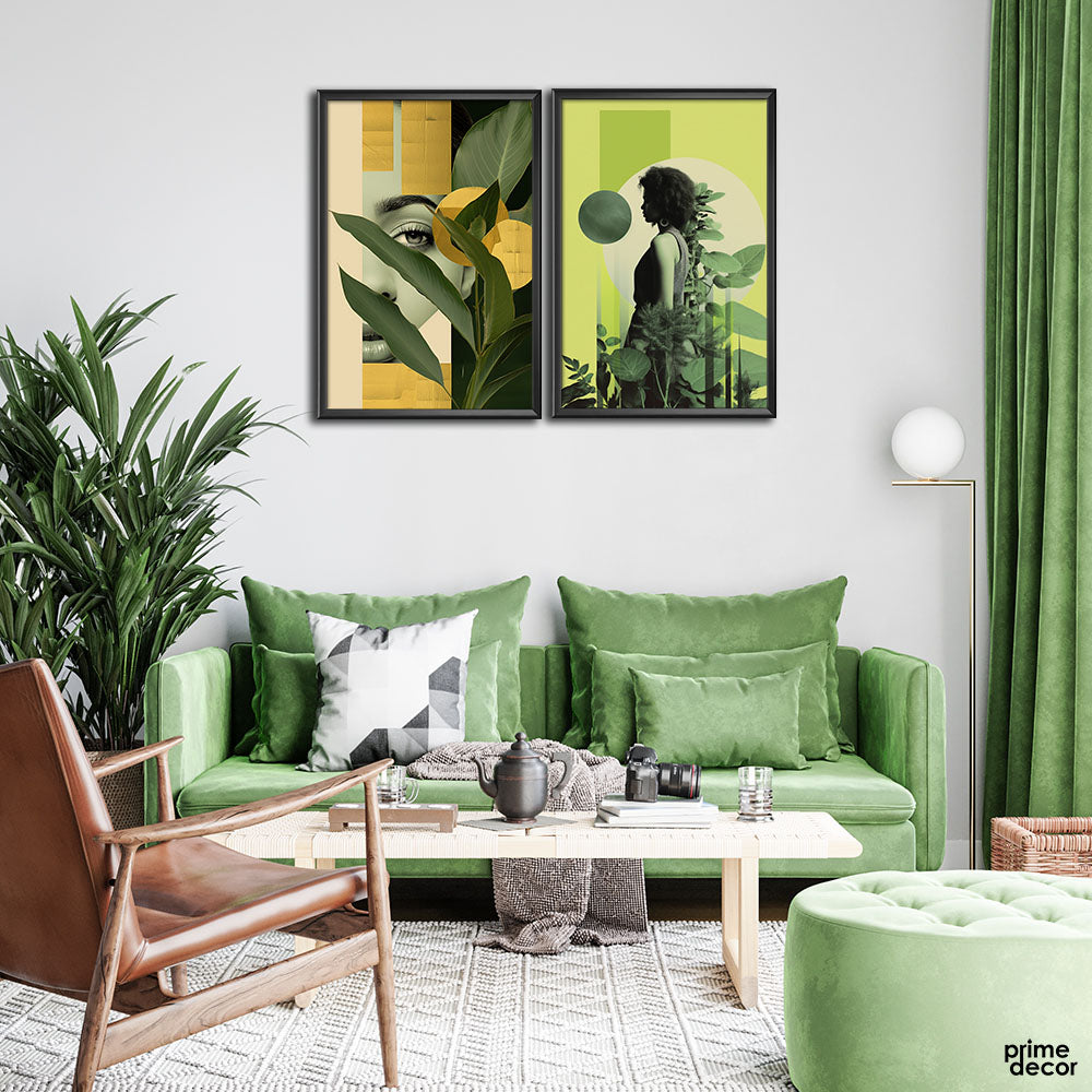 Green Faces in the Leaves (2 Panel) Floral Wall Art - Prime Décor