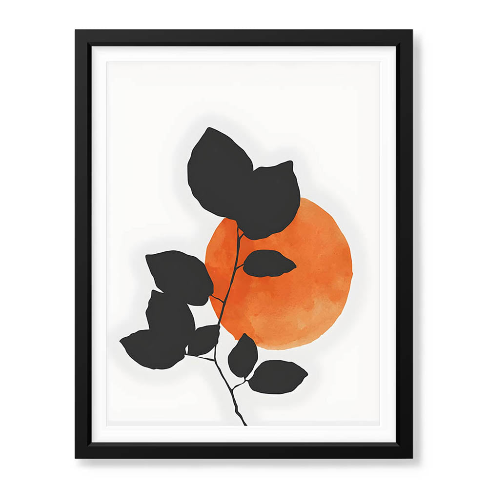 Grey Tropical Leaves With Orange Moon Shape | Abstract Floral Artwork #0016 - Prime Décor