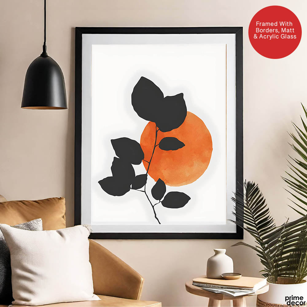 Grey Tropical Leaves With Orange Moon Shape | Abstract Floral Artwork #0016 - Prime Décor