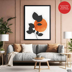 Grey Tropical Leaves With Orange Moon Shape | Abstract Floral Artwork #0016 - Prime Décor