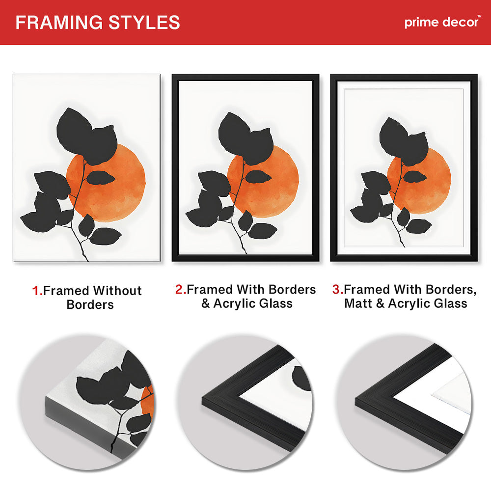Grey Tropical Leaves With Orange Moon Shape | Abstract Floral Artwork #0016 - Prime Décor