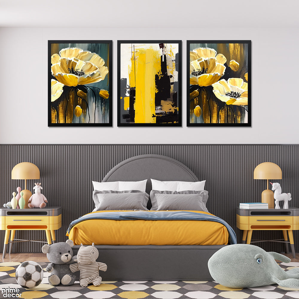 Yellow & Charcoal Grey Flowers With Abstract Brush Strokes (3 Panel) Abstract Wall Art - Prime Décor