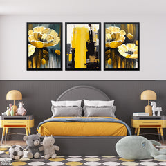 Yellow & Charcoal Grey Flowers With Abstract Brush Strokes (3 Panel) Abstract Wall Art - Prime Décor