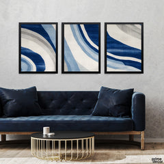 Blue & Beige Abstract Gilded Ripples (3 Panel) Modern Wall Art