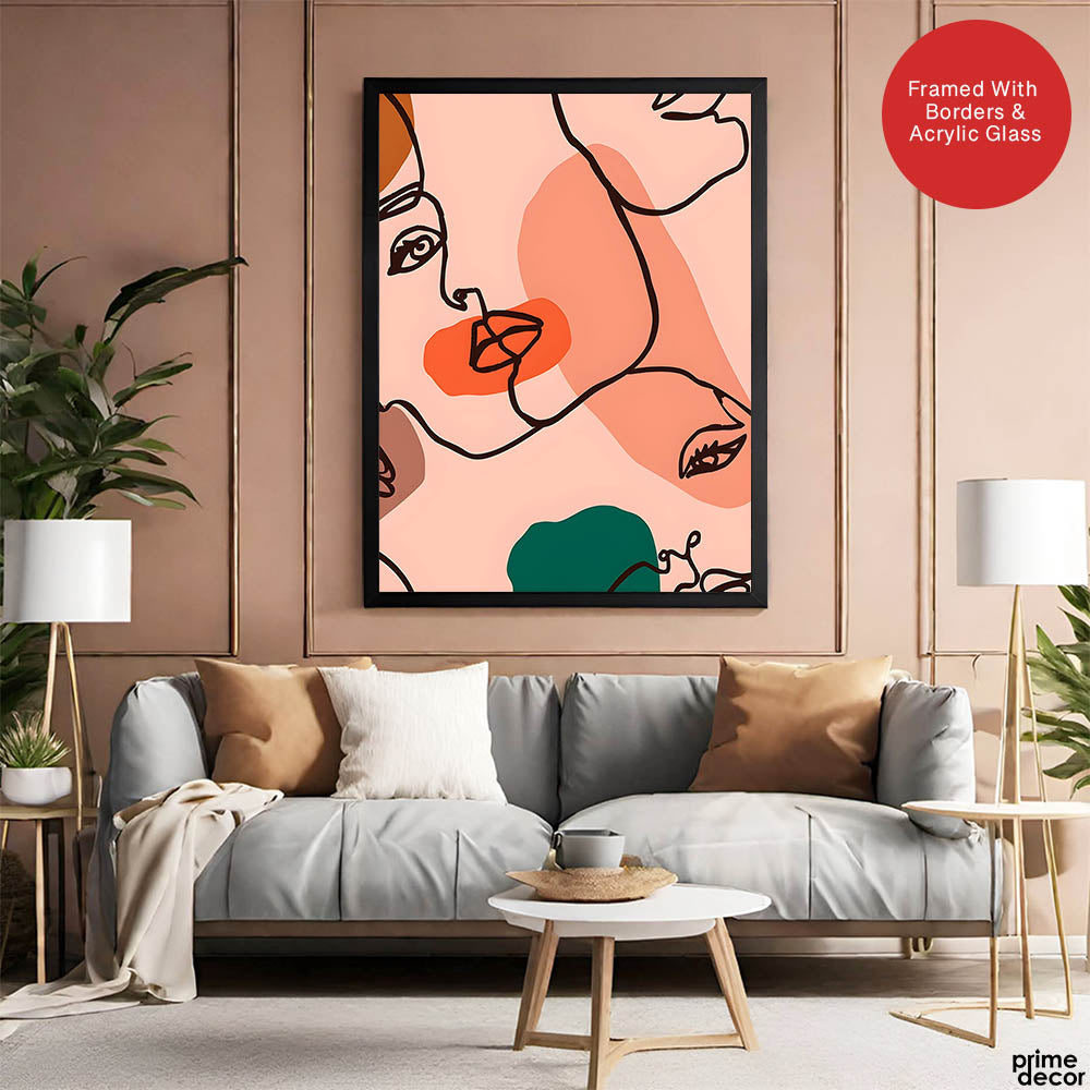 Beige & Pink Beautiful Women Face Art Abstract Design | Abstract Fashion Artwork #00173 - Prime Décor
