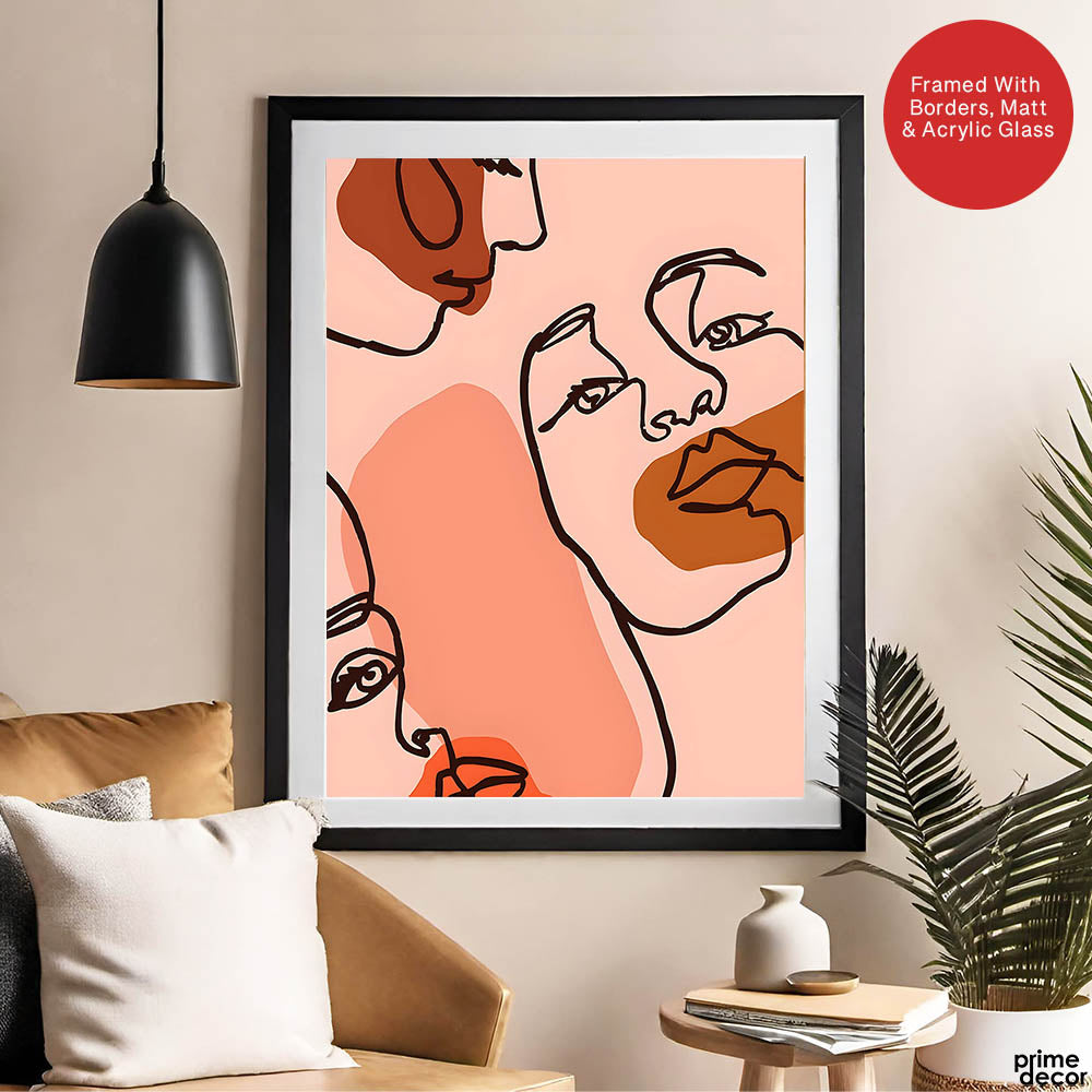 Beige & Pink Beautiful Women Faces Art Abstract Design | Abstract Fashion Artwork #00174 - Prime Décor