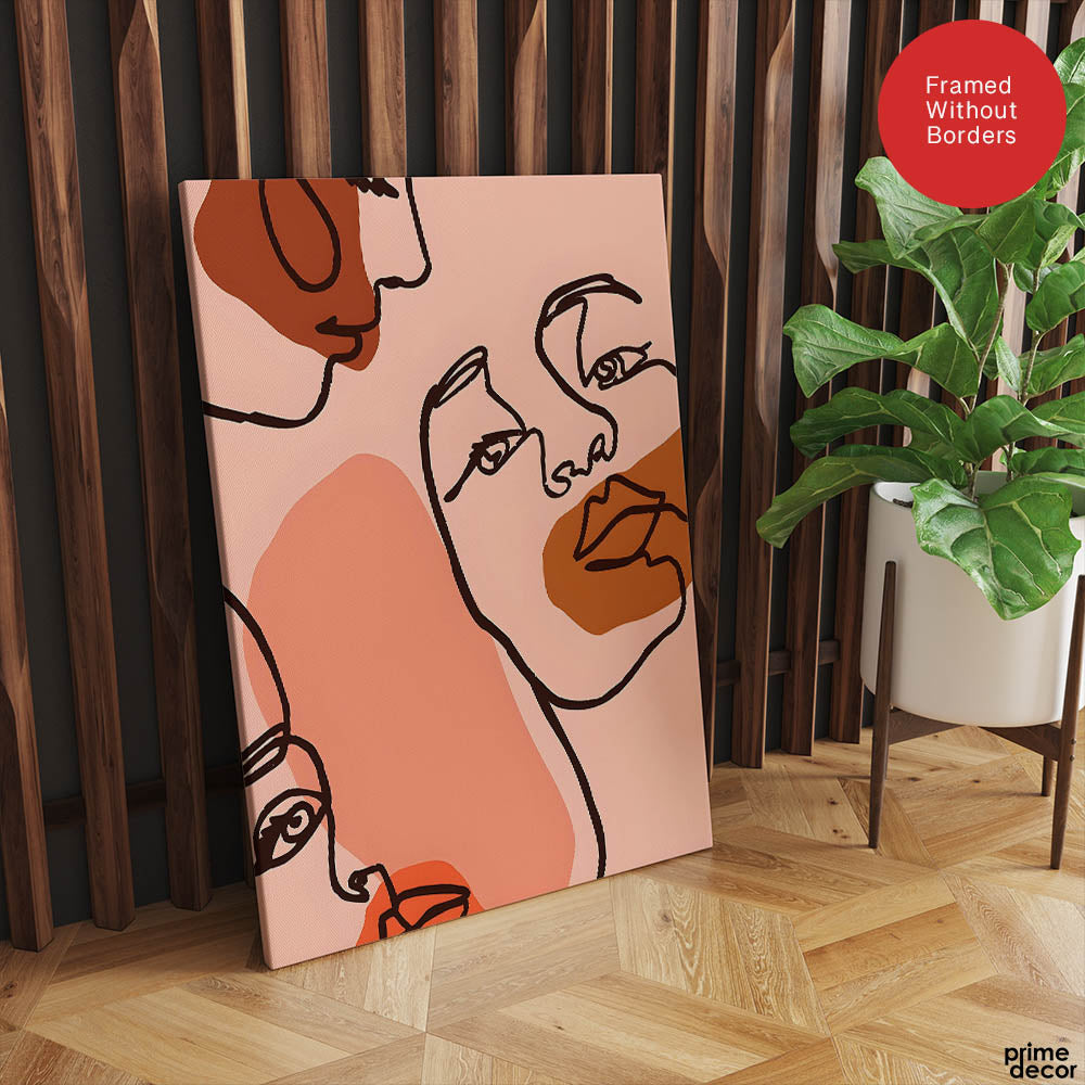 Beige & Pink Beautiful Women Faces Art Abstract Design | Abstract Fashion Artwork #00174 - Prime Décor