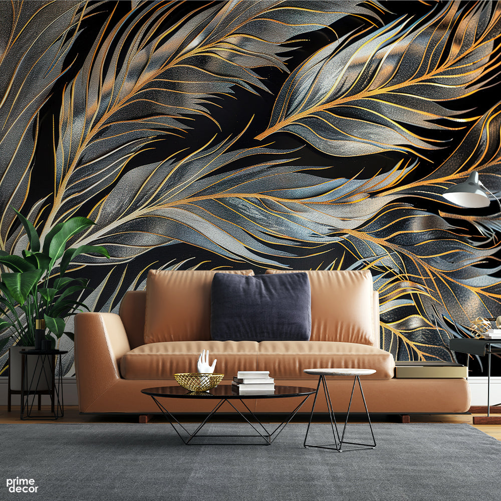 Gold & Blue Exotic Tropical Leaves Over Black Background | Floral Wallpaper Mural - Prime Décor