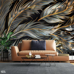Gold & Blue Exotic Tropical Leaves Over Black Background | Floral Wallpaper Mural - Prime Décor