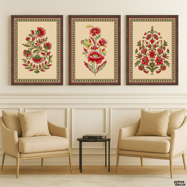Red & Beige Florals With Fresco Style Borders (3 Panel) Classical Wall Art