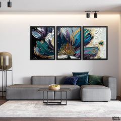 Carolina Blue Flower With Abstract Brush Strokes (3 Panel) Abstract Wall Art On Sale - Prime Décor