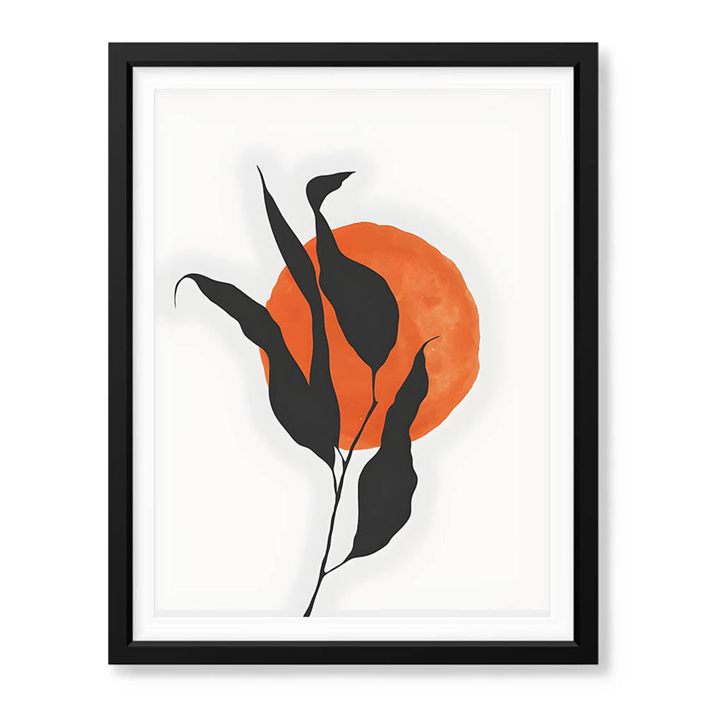 Grey Tropical Leaves With Orange Moon Shape | Abstract Floral Artwork #0017 - Prime Décor