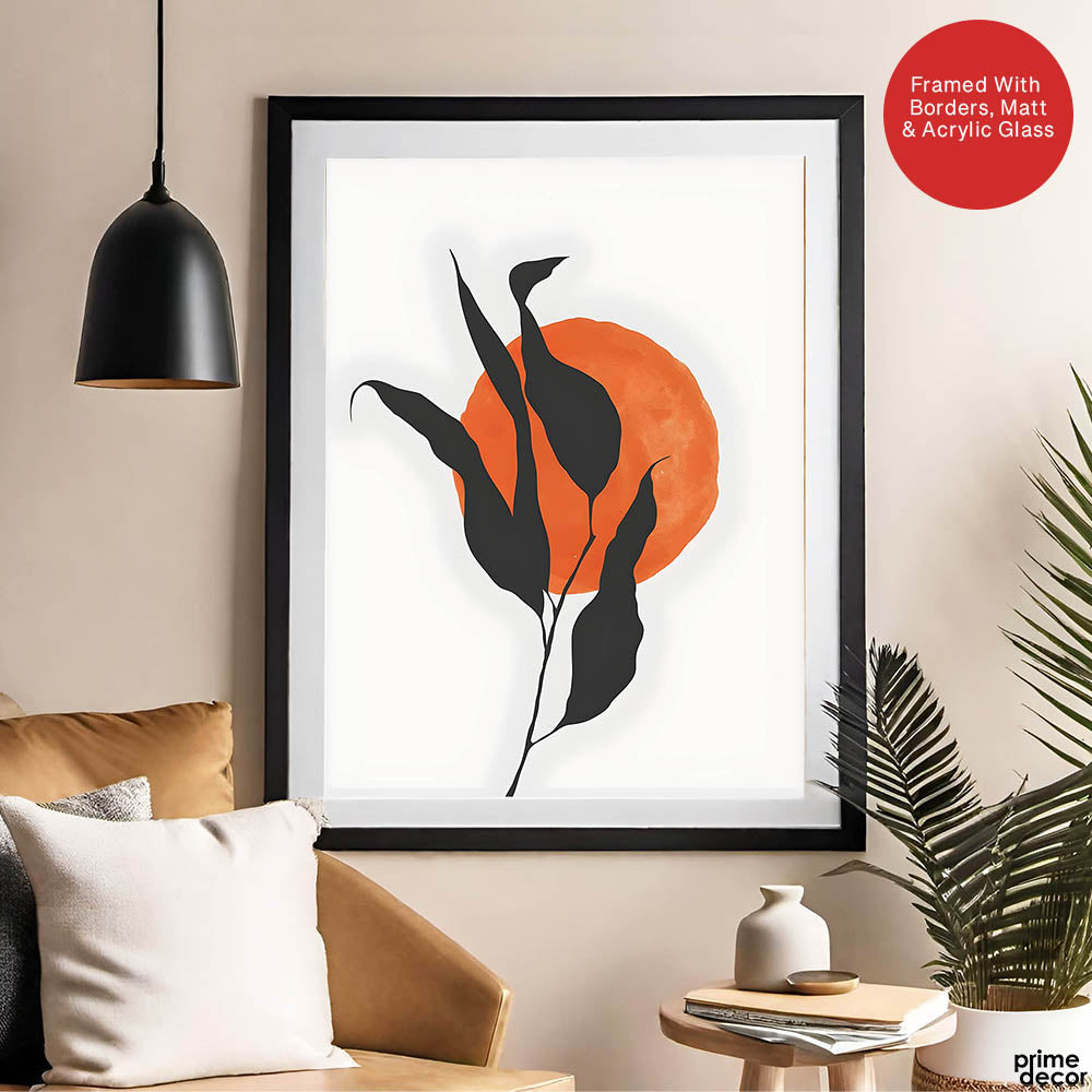 Grey Tropical Leaves With Orange Moon Shape | Abstract Floral Artwork #0017 - Prime Décor