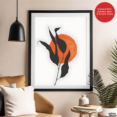 Grey Tropical Leaves With Orange Moon Shape | Abstract Floral Artwork #0017 - Prime Décor
