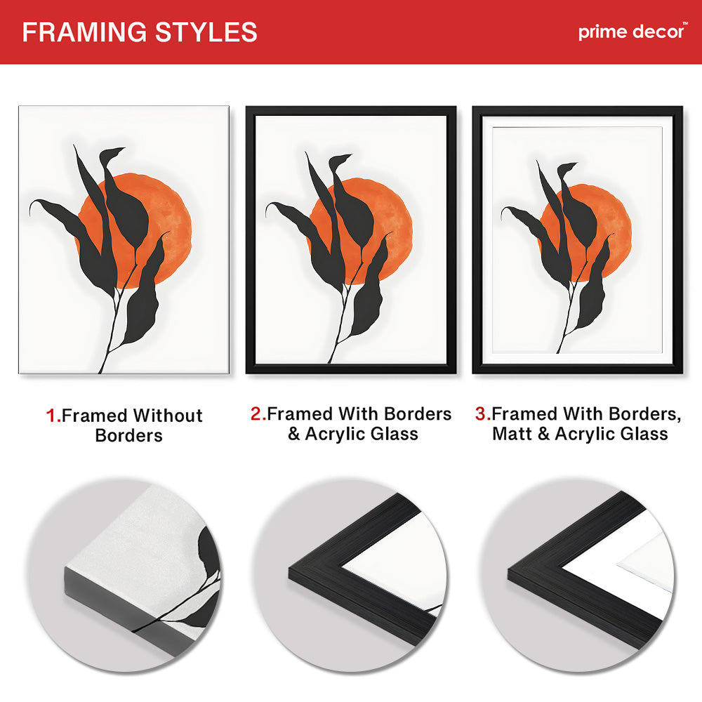 Grey Tropical Leaves With Orange Moon Shape | Abstract Floral Artwork #0017 - Prime Décor