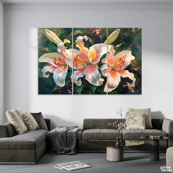 Beautiful Lilies With Green Exotic Leaves  (3 Panel) Floral Wall Art