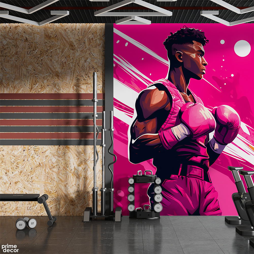 Boxer Illustration In Electric Pink Background | Gym Wallpaper Mural - Prime Décor